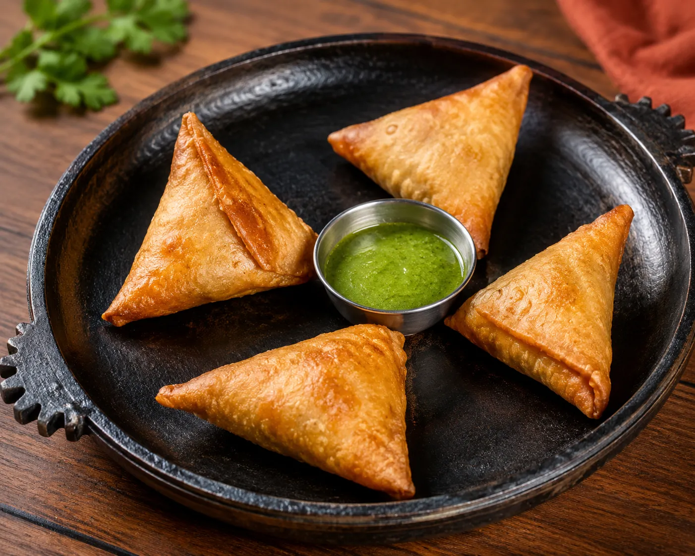 Samboosa, lentil and beef pastries with spicy kotkotcha sauce, at Baro in Winnipeg